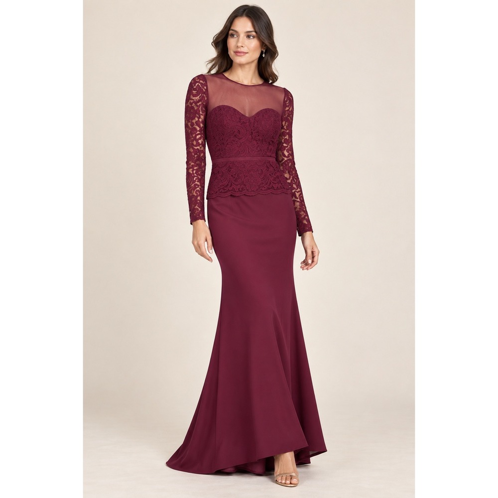 JS Collection Burgundy Lace Mermaid Gown Long Sleeve Illusion Bodice Formal Sz 6